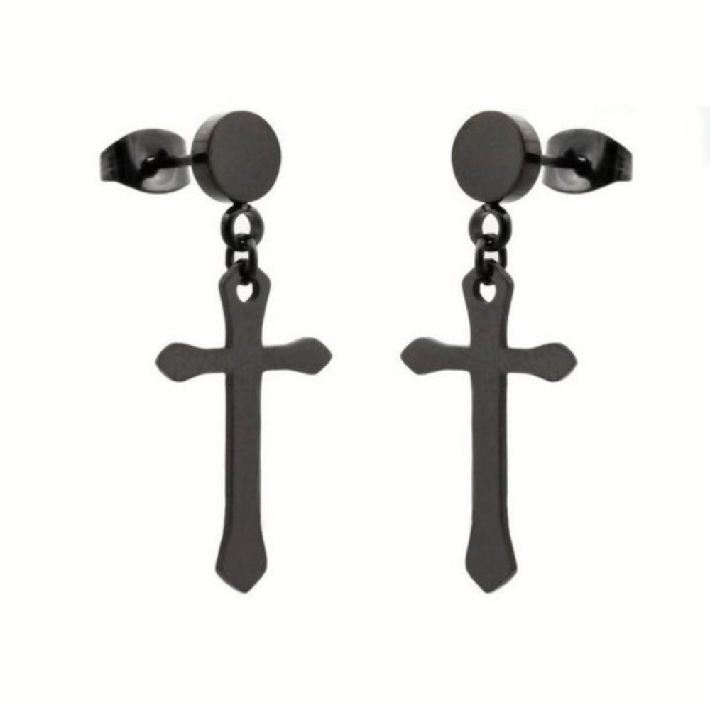 Black Jack Men's Cross Earrings Stainless Steel Hypoallergenic Charm Black